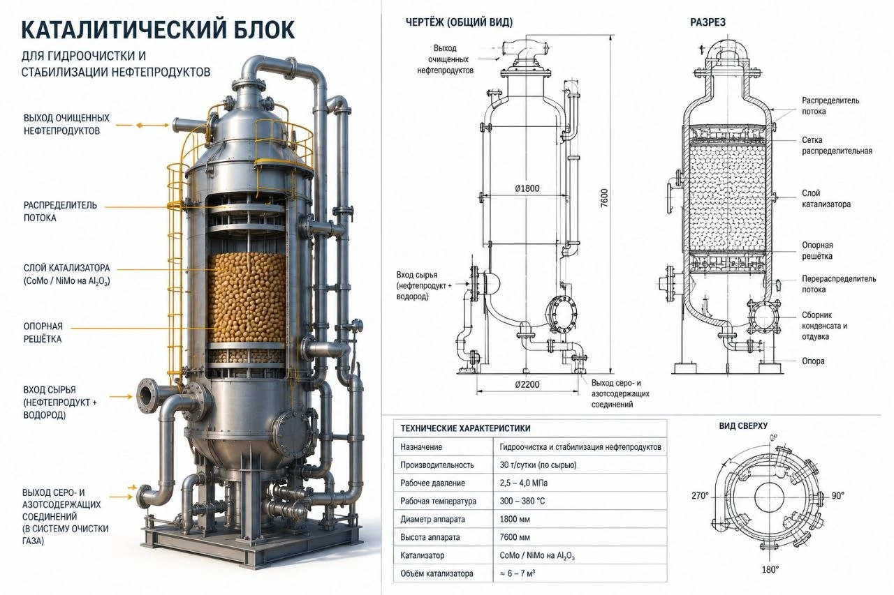 Полная техническая схема каталитического блока для обработки нефтепродуктов