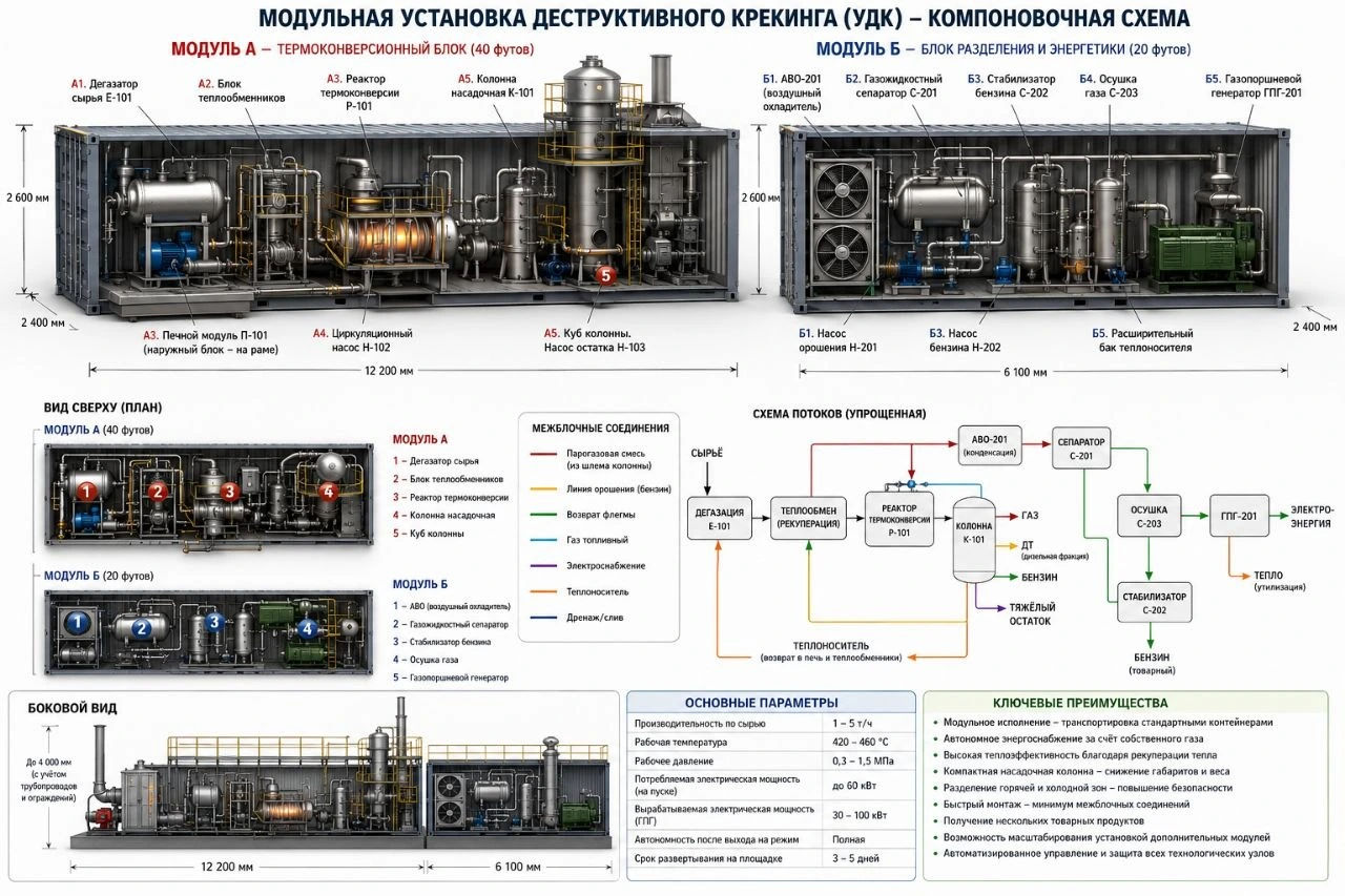 Полная компоновочная схема модульной установки деструктивного крекинга